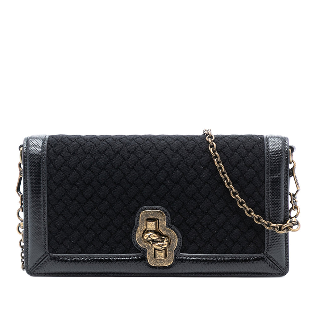 Karung Trimmed Knit Intrecciato Knot Clutch On Chain