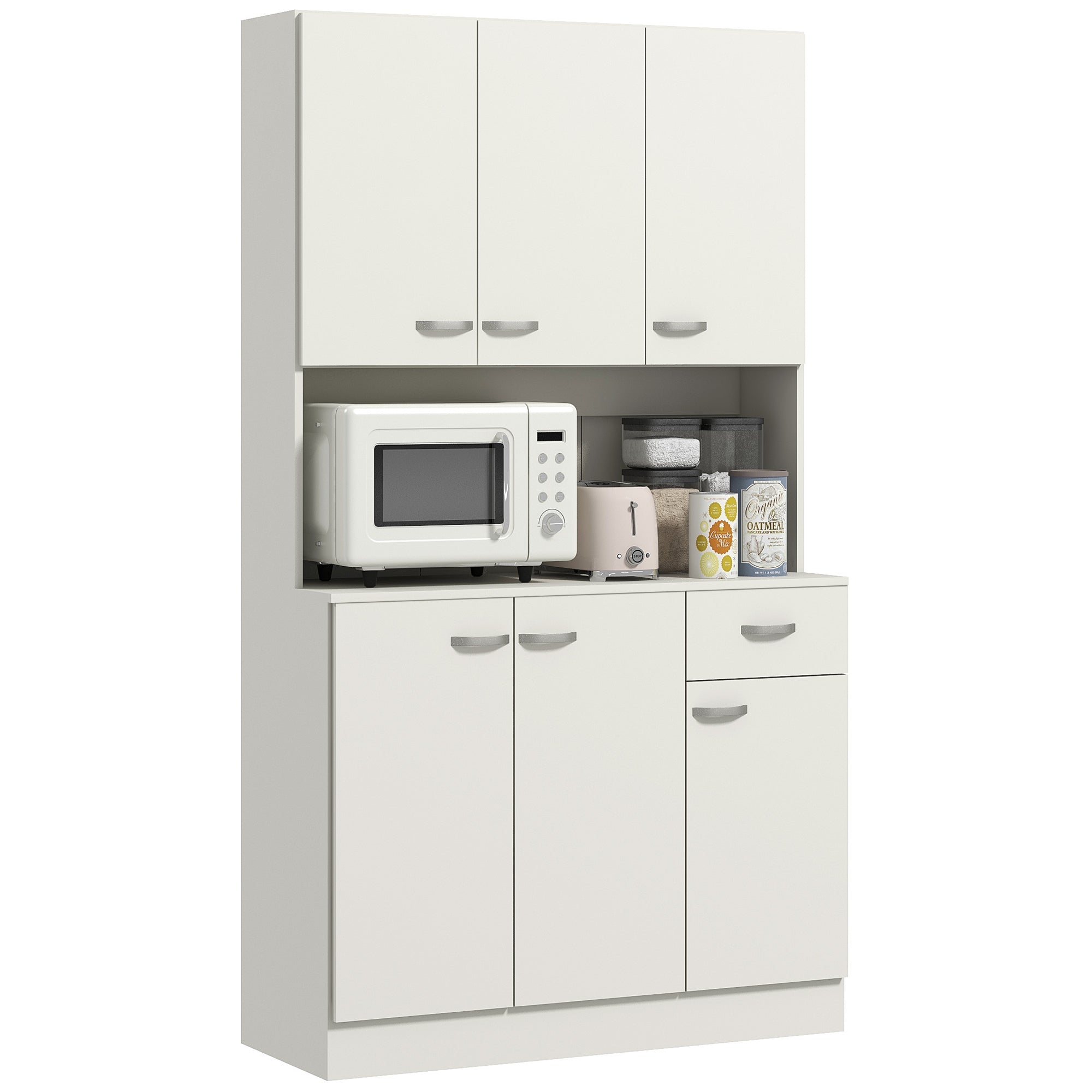 Freestanding Kitchen Cupboard with Adjustable Shelves and Open Countertop, Cream White