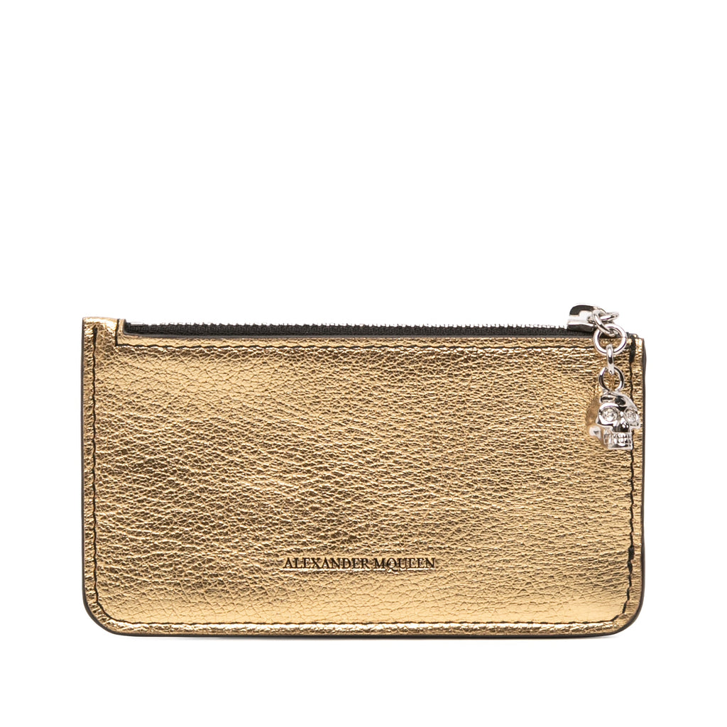 Metallic Leather Skull Charm Zip Card Holder