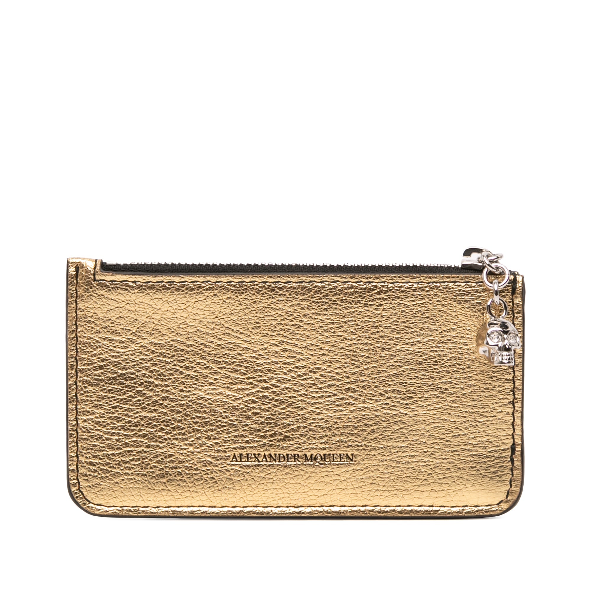 Metallic Leather Skull Charm Zip Card Holder