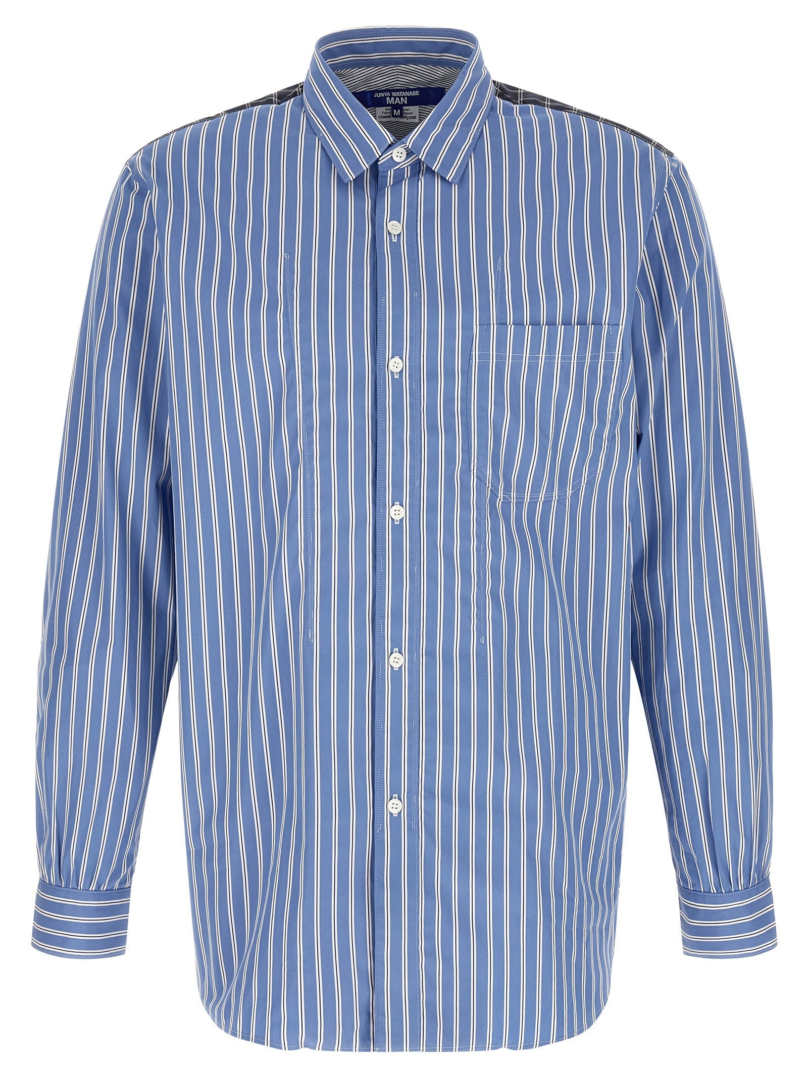 Junya Watanabe Striped Patchwork Cotton Poplin Shirt — Blue