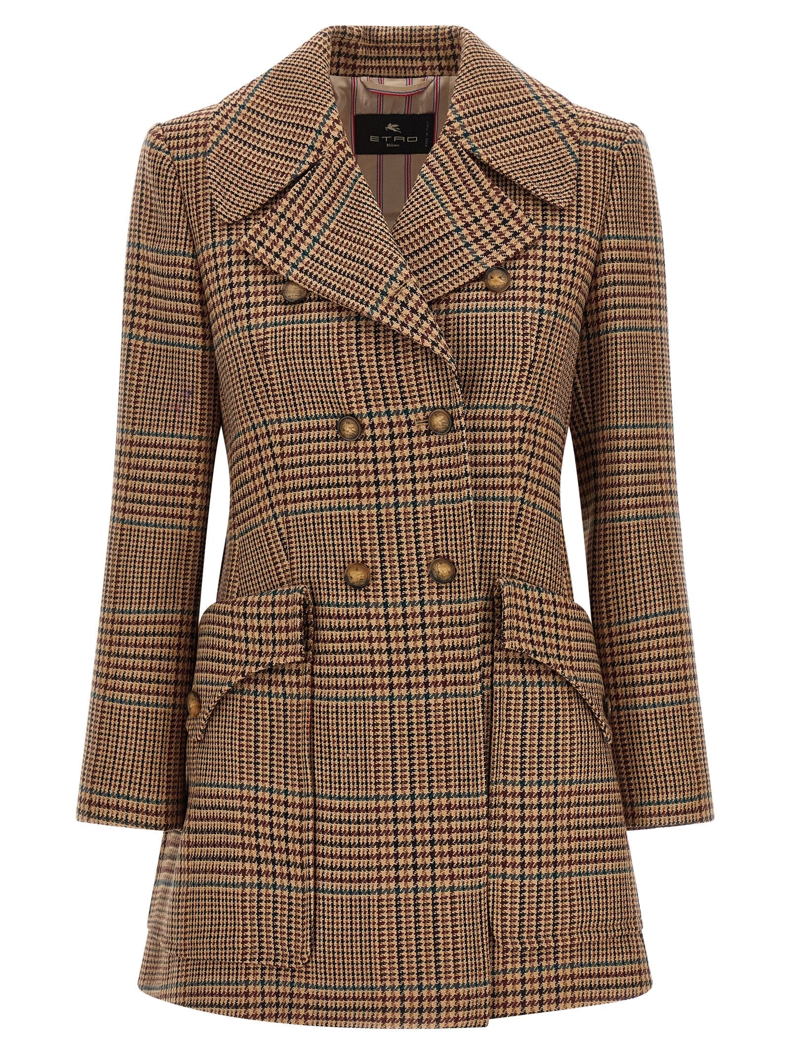 Etro Prince of Wales Double-Breasted Coat — tan