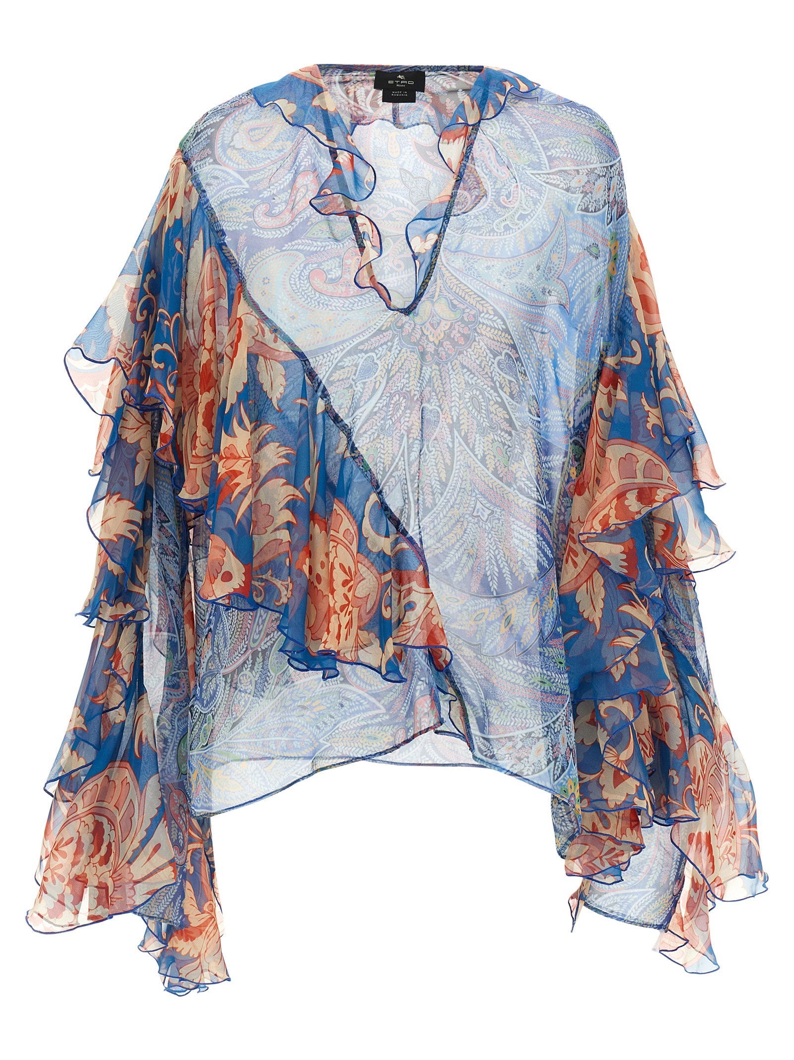 Etro Floral Silk Chiffon Ruffled Blouse — Blue