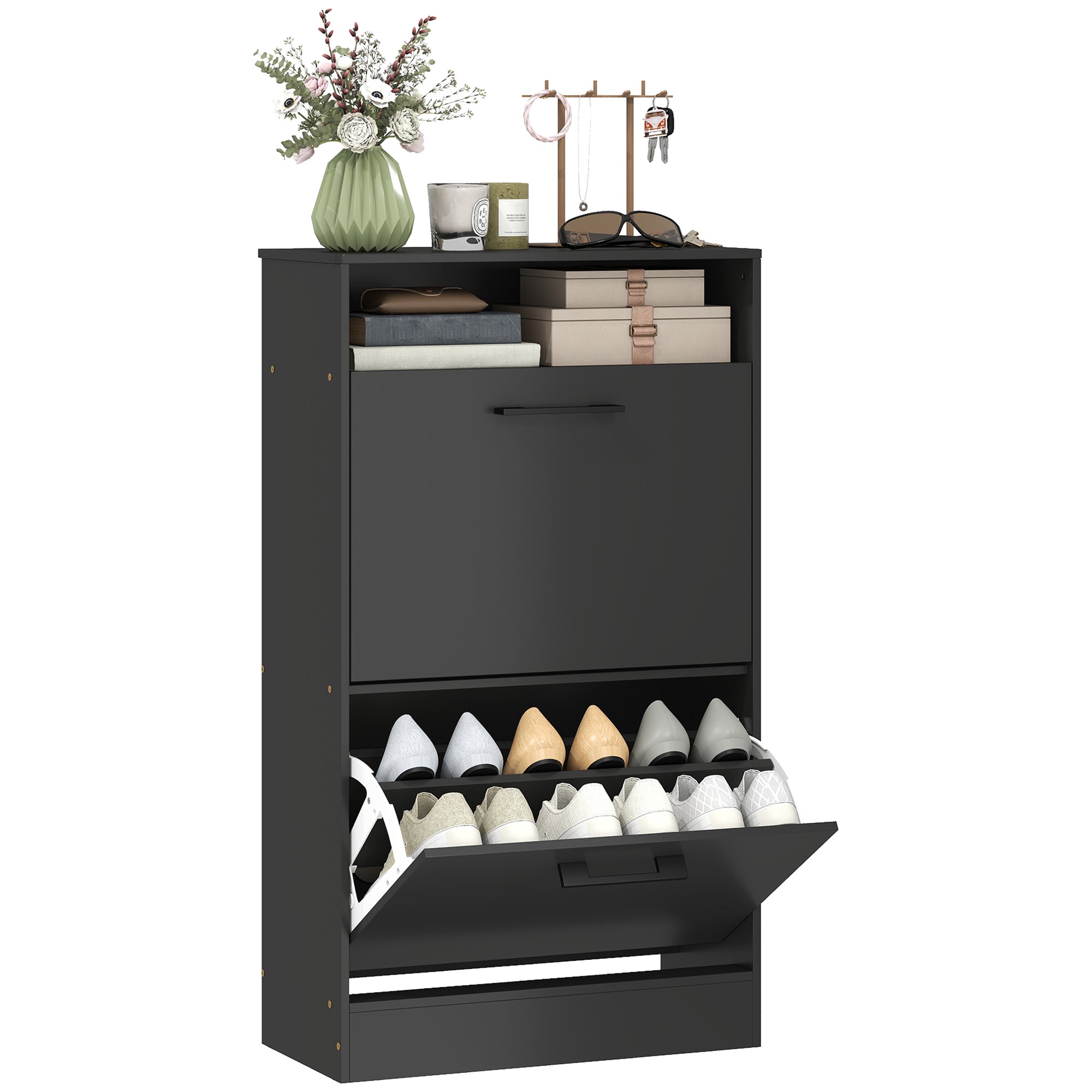 Narrow Shoe Cabinet with 2 Flip Drawers, Adjustable Dividers, 12-Pair, Black