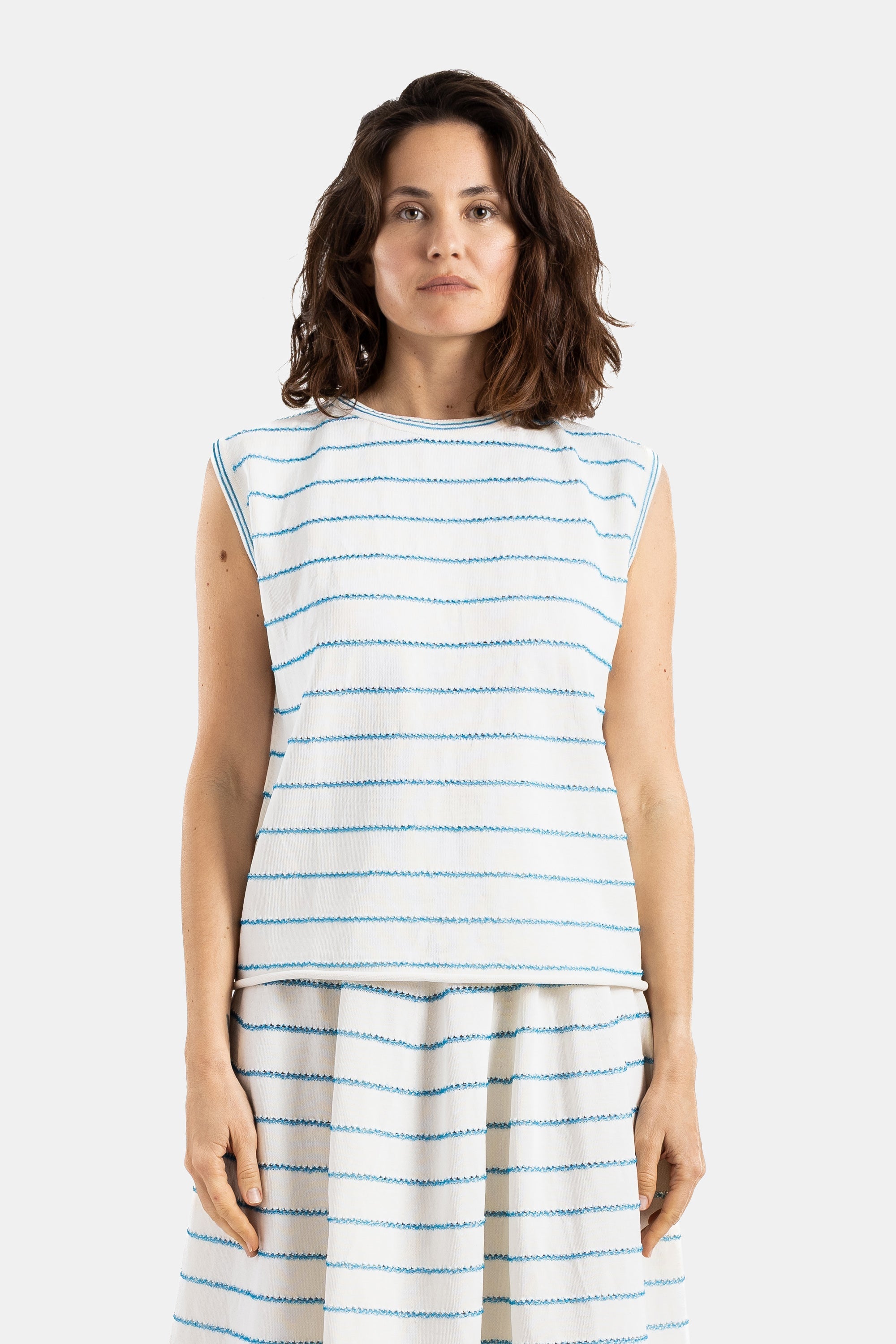 Bielo Wavy Striped Embroidered Knit Tank Top — Ecru