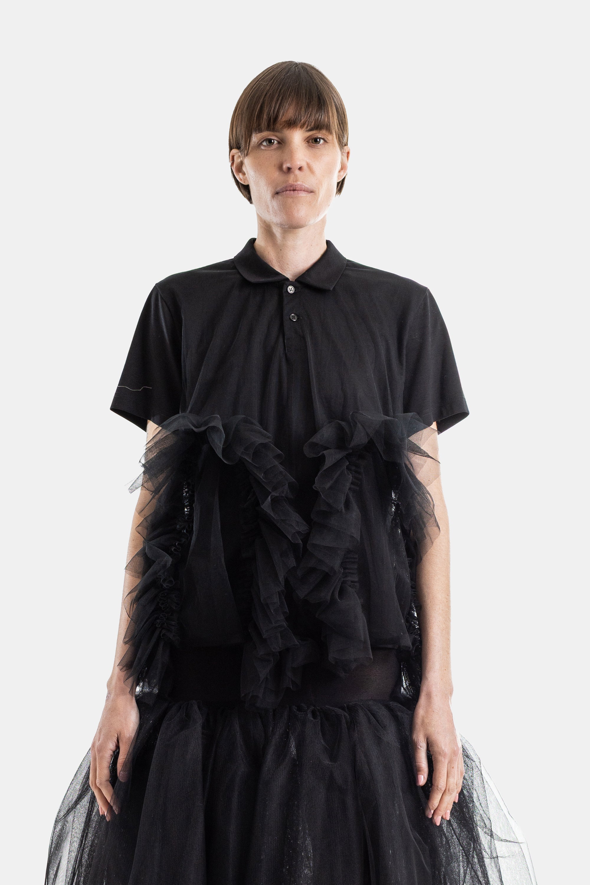 Noir Kei Ninomiya Tulle Ruffled Polo Shirt — Black