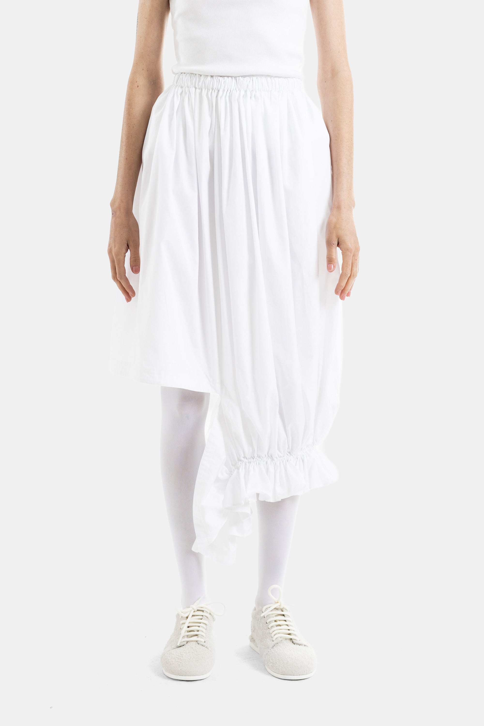 Asymmetric Draped Volume Skirt With Ruched Orb White Top