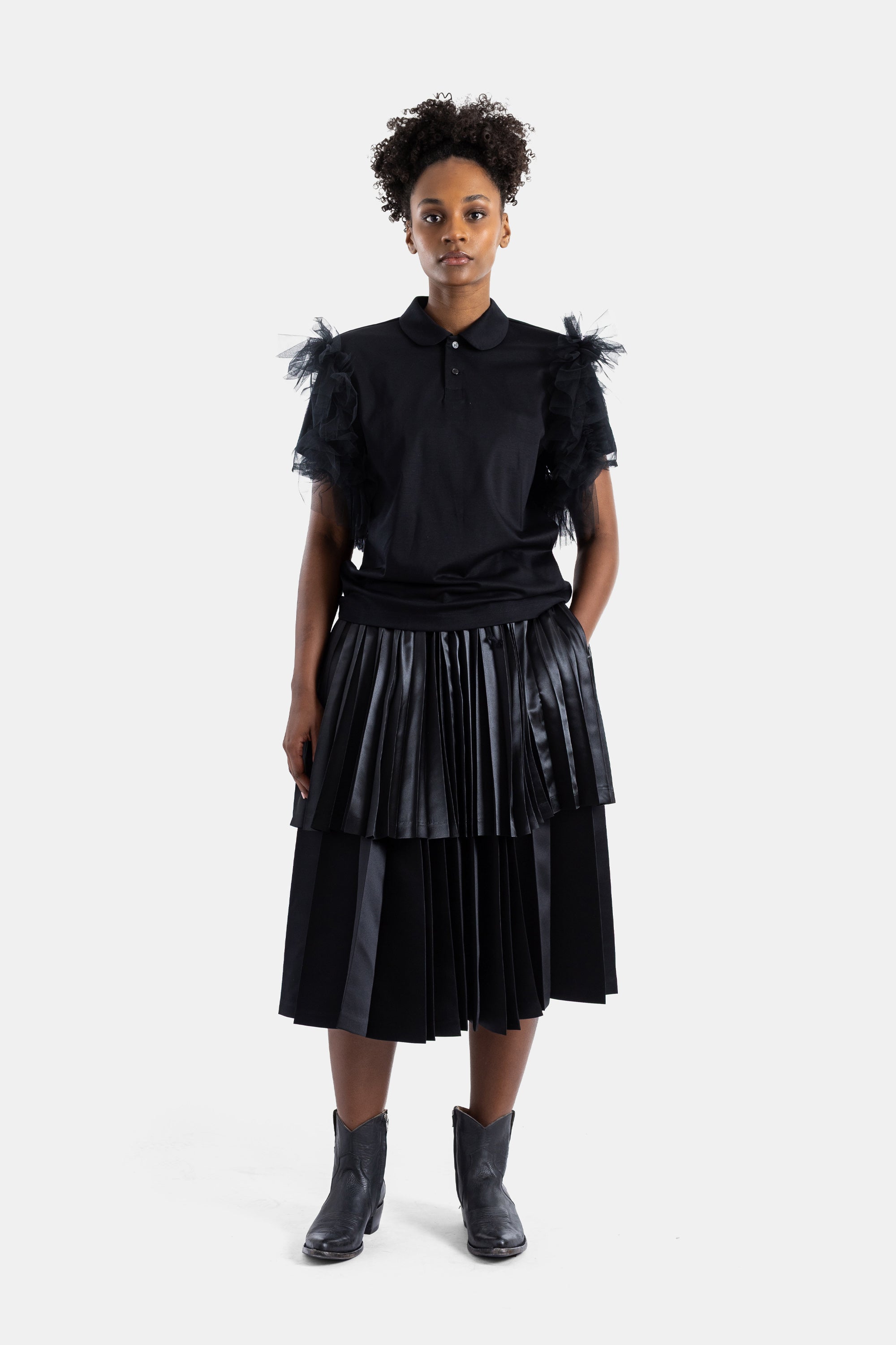 Noir Kei Ninomiya Tulle Ruffle Sleeves Polo Shirt — Black