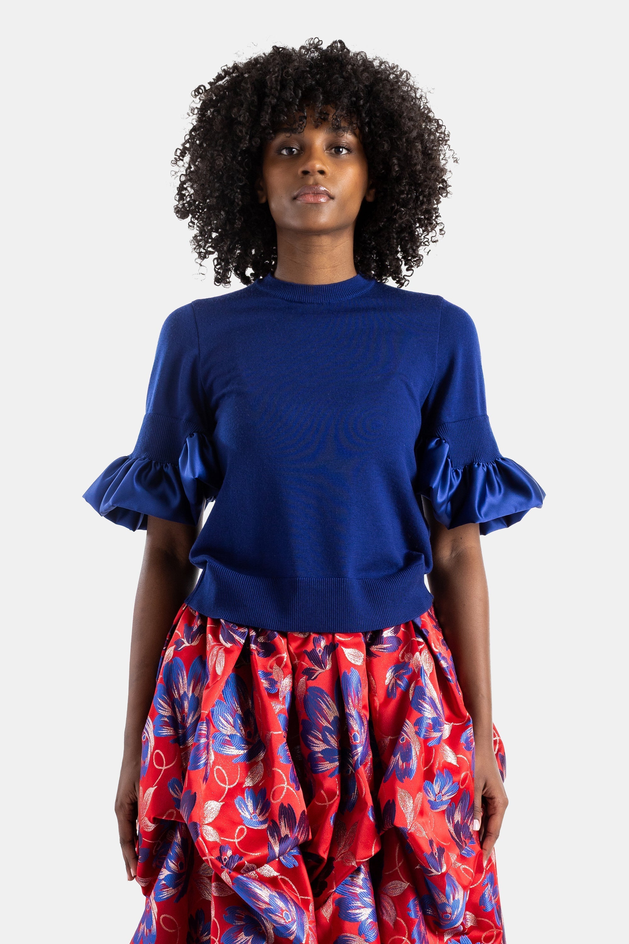 Noir Kei Ninomiya Satin-Ruffle Knit Sweater — Blue