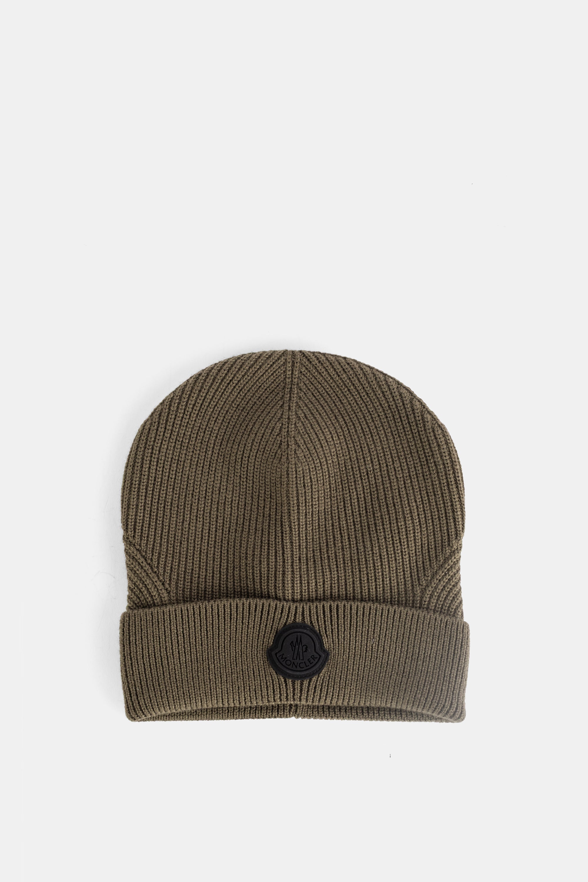 Moncler 3B00049M1131 Ribbed Wool Logo Beanie — Khaki