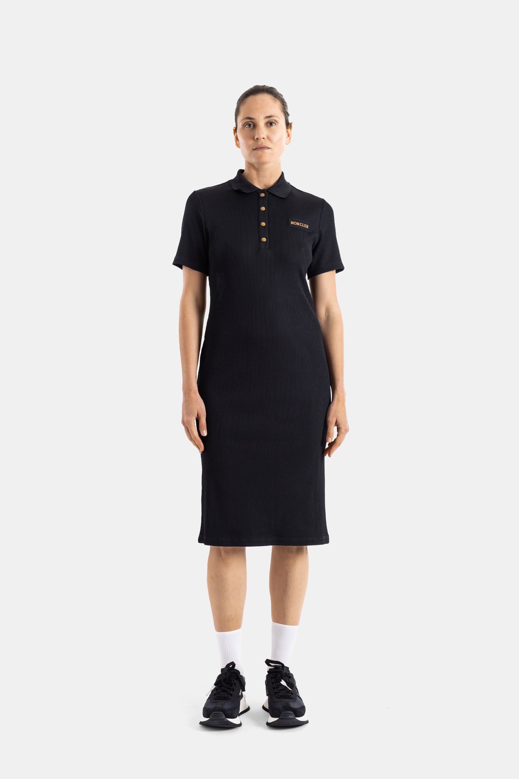 Moncler Piqué Knit Polo Polo Dress — Black