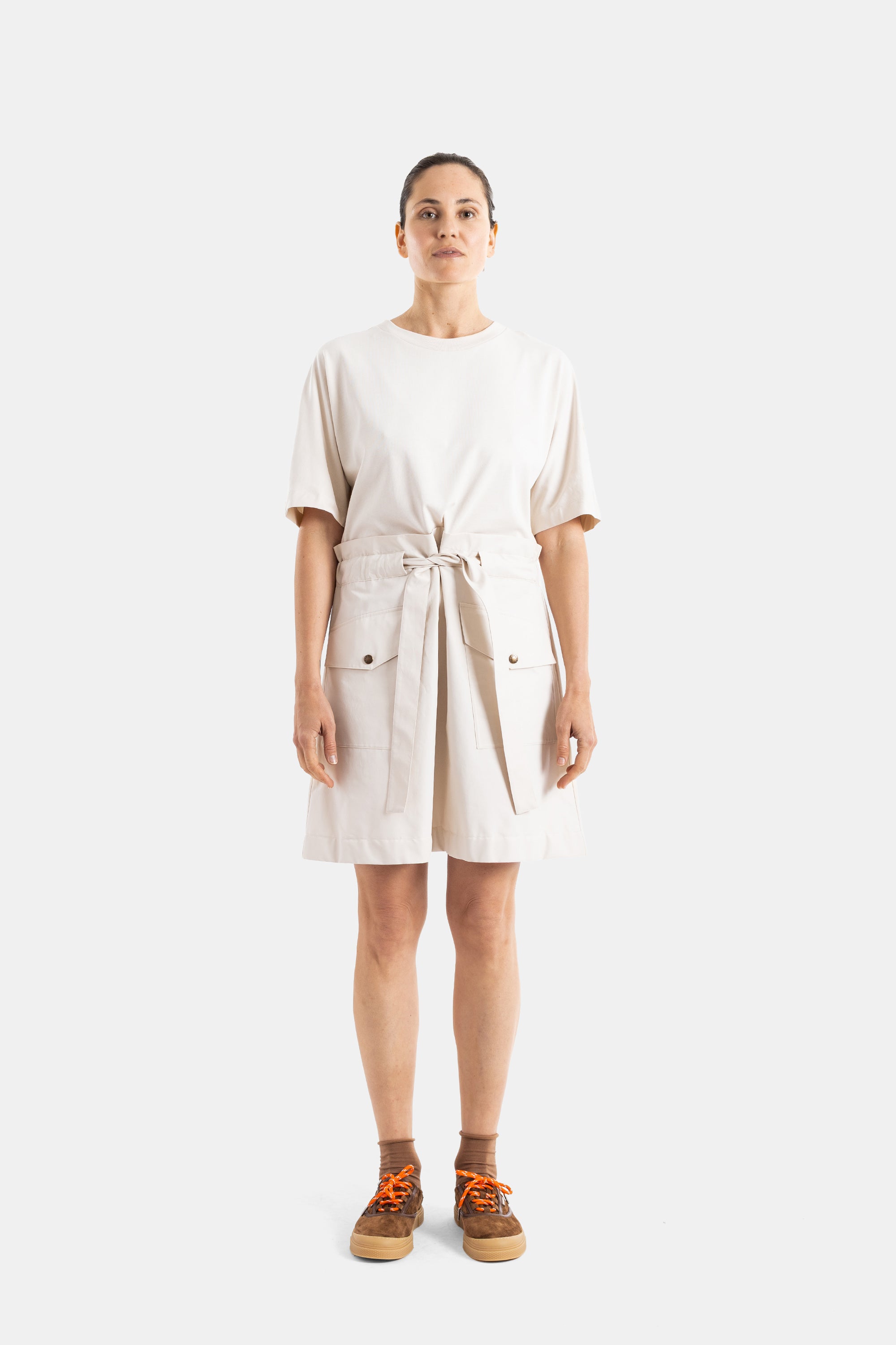 Moncler Two-Material Belted Dress — Beige