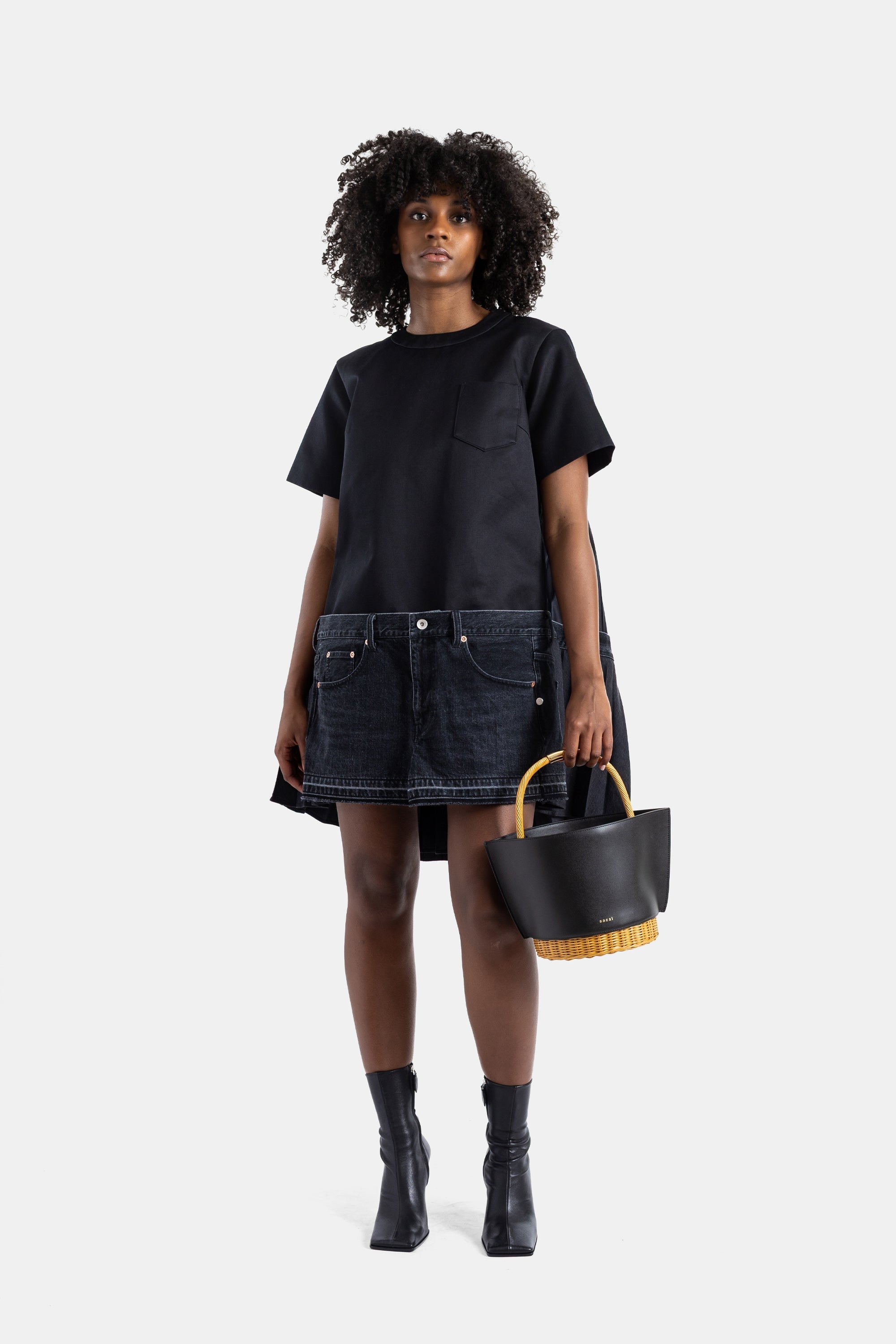 Sacai Hybrid Black Denim and Jersey Dress — Black