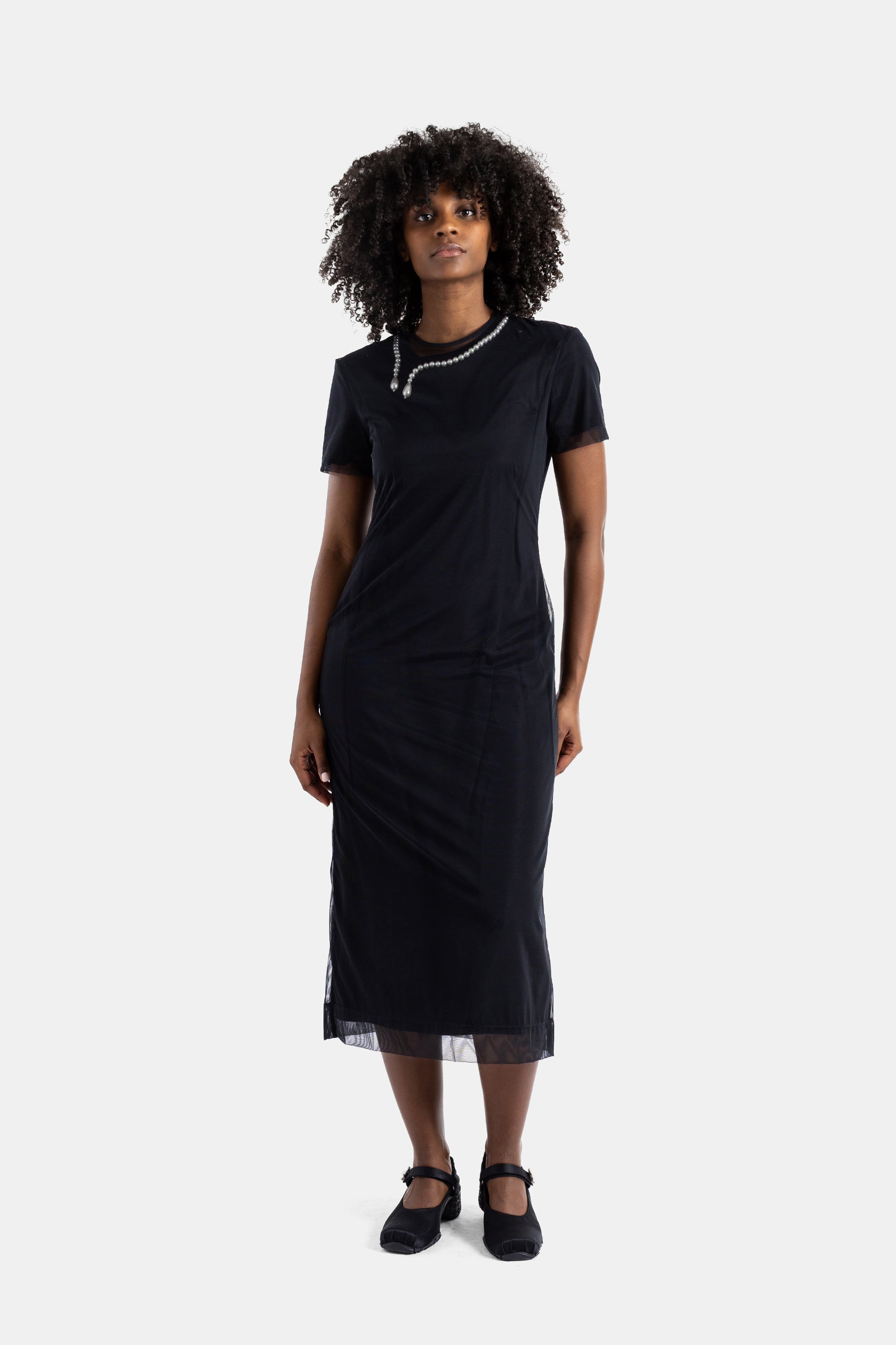 Simone Rocha Layered Pearl-Trim Jersey and Tulle Dress — Black
