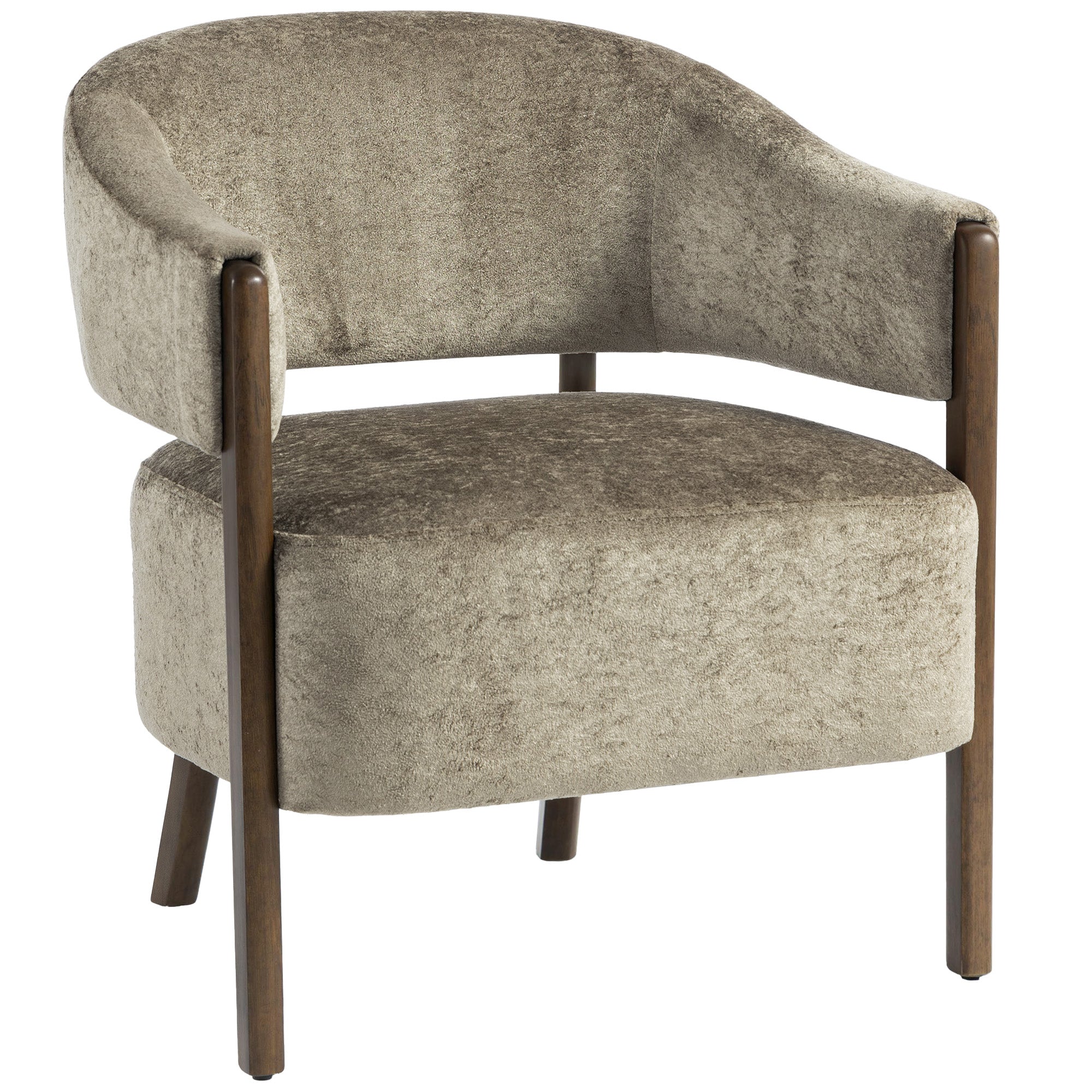 Chenille Accent Armchair with Curved Back & Wood Frame, Light Brown
