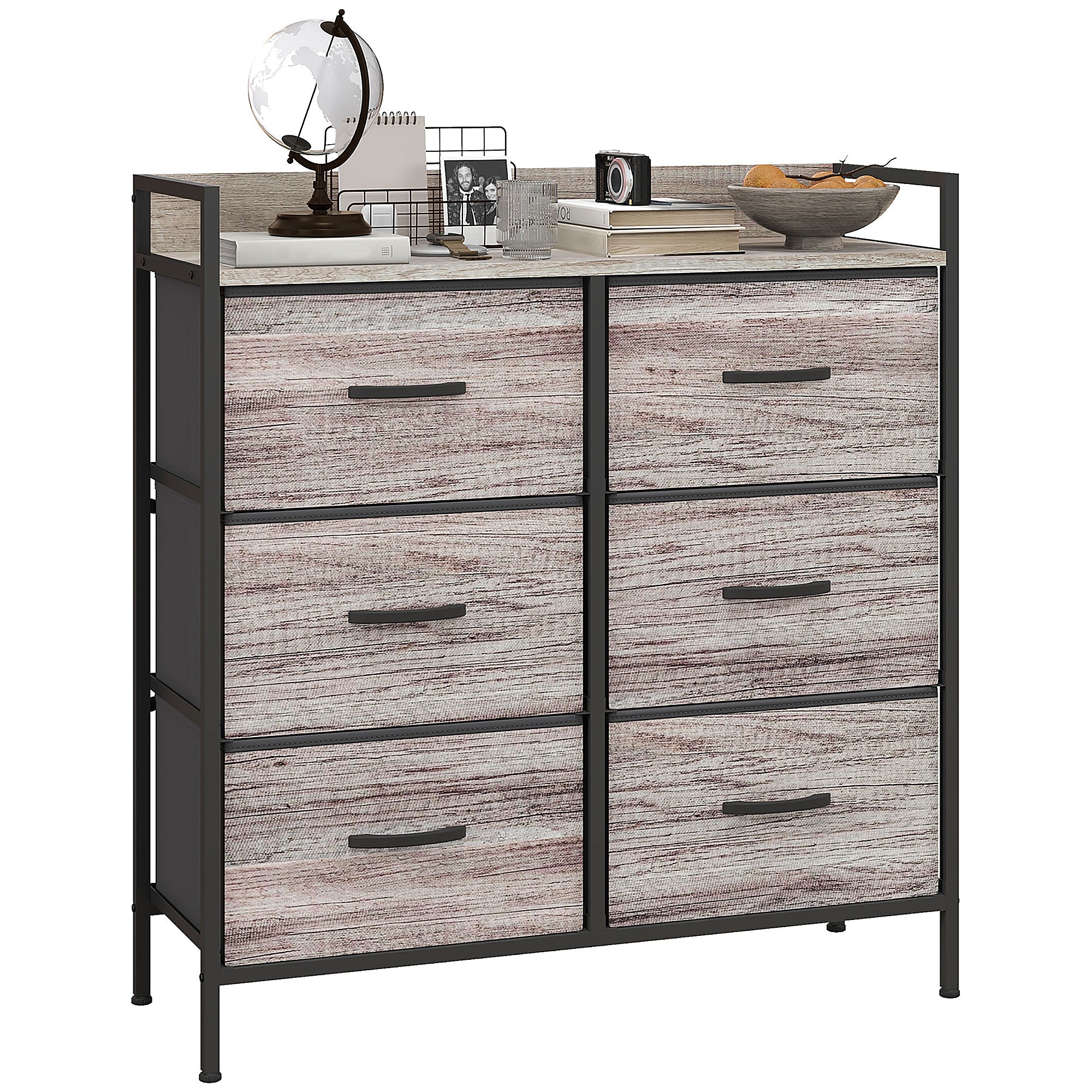 Bedroom Chest of Drawers, Fabric Dresser with 6 Drawers & Open Shelf , Grey Wood Effect