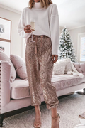 Drawstring Mid Waist Glitter Sequin Pants