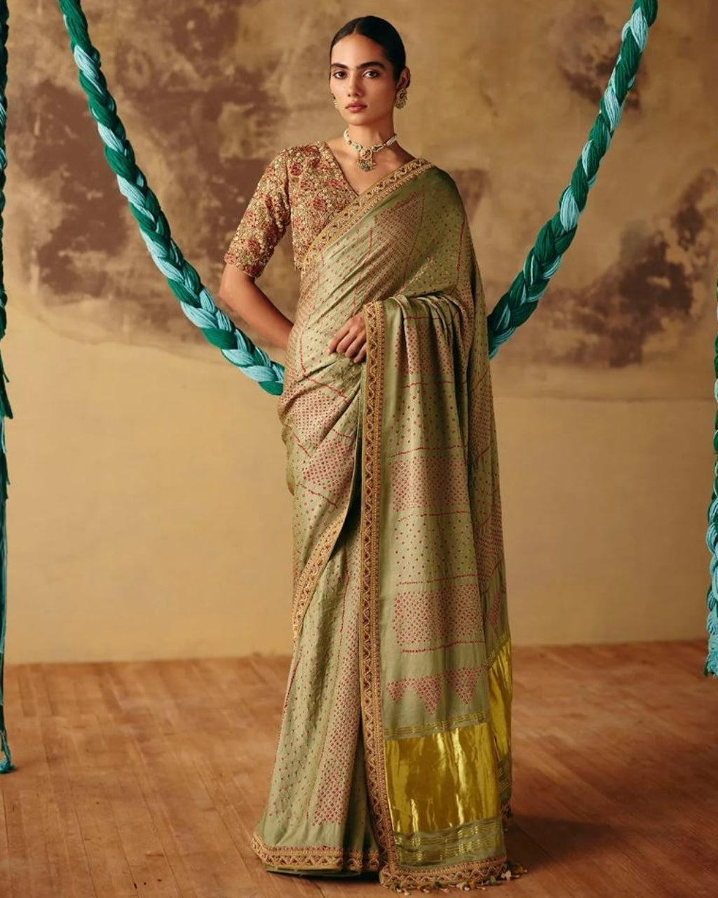 Sage Green Bandhani Sari Set By KYNAH, Luxury Indian Fashion & Bridal Wear