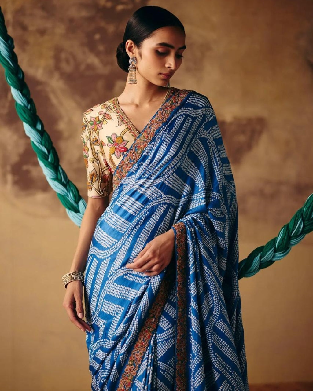 Blue Bandhani and Kalamkari Sari Set By KYNAH, Luxury Indian Fashion & Bridal Wear