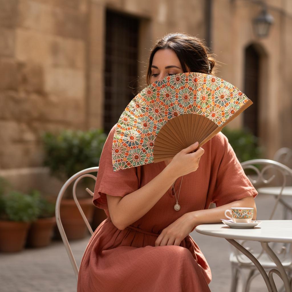 Islamic art inspired hand fan Zellige Orange