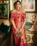Sonam Kapoor in the Handwoven Ruby Red Mashroo Silk Sari By KYNAH, Luxury Indian Fashion & Bridal Wear