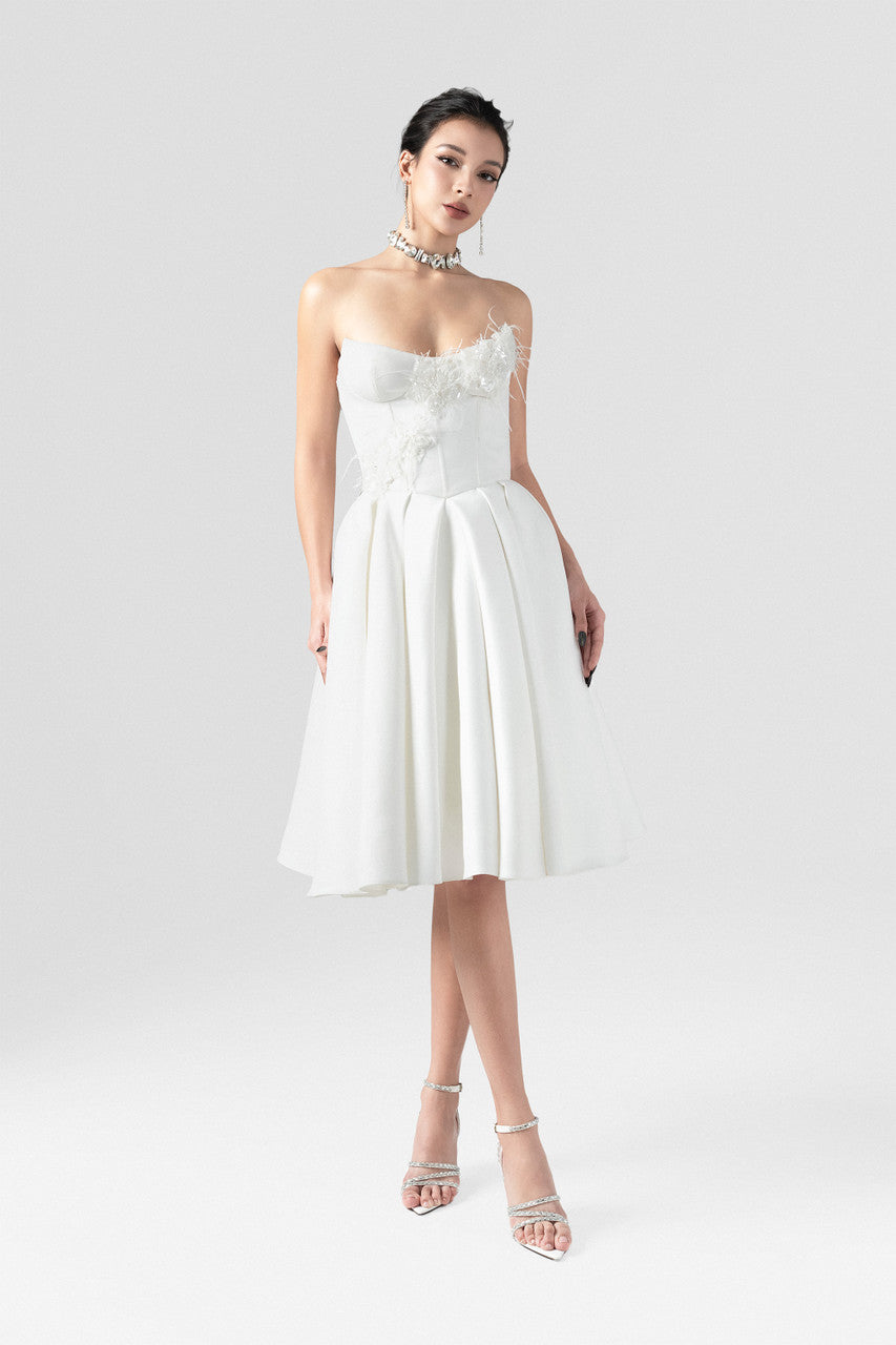 Serenade Corset-Bodice Midi Dress with Feather and Beaded Appliqué