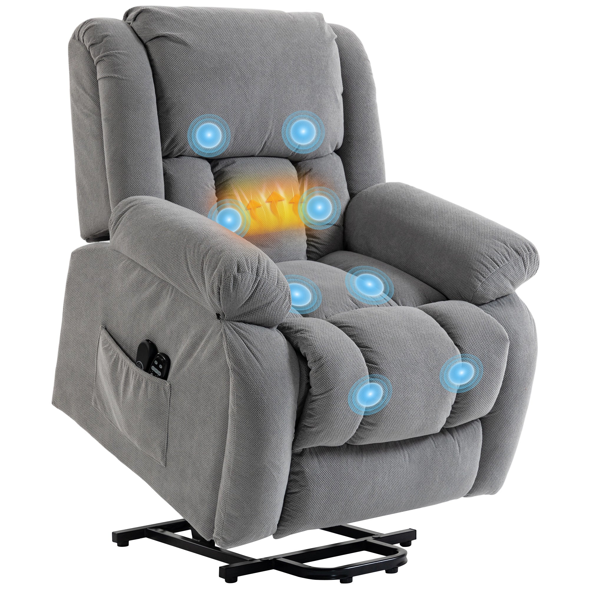 Velvet Electric Lift Recliner with Heat and Massage for Elderly with Wide Seat, Light Grey