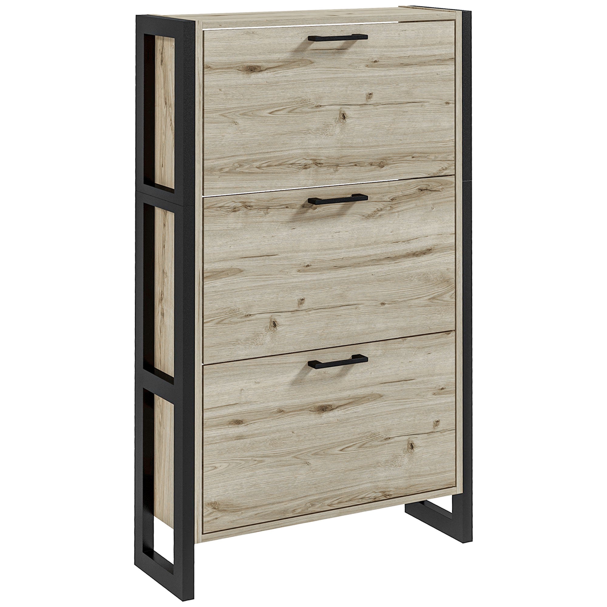 Industrial Shoe Organizer Cabinet w/ 3 Flip Drawers & Adjustable Shelf for 15 Pairs, Walnut