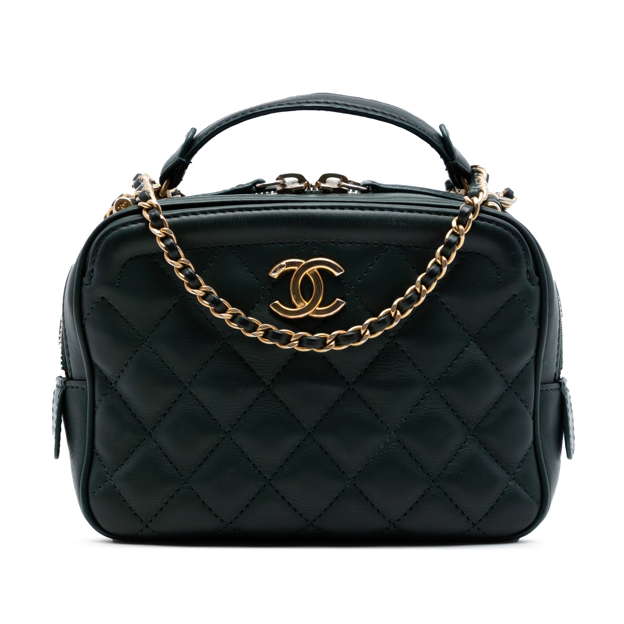 Small CC Quilted Calfskin Top Handle Vanity Case with Chain