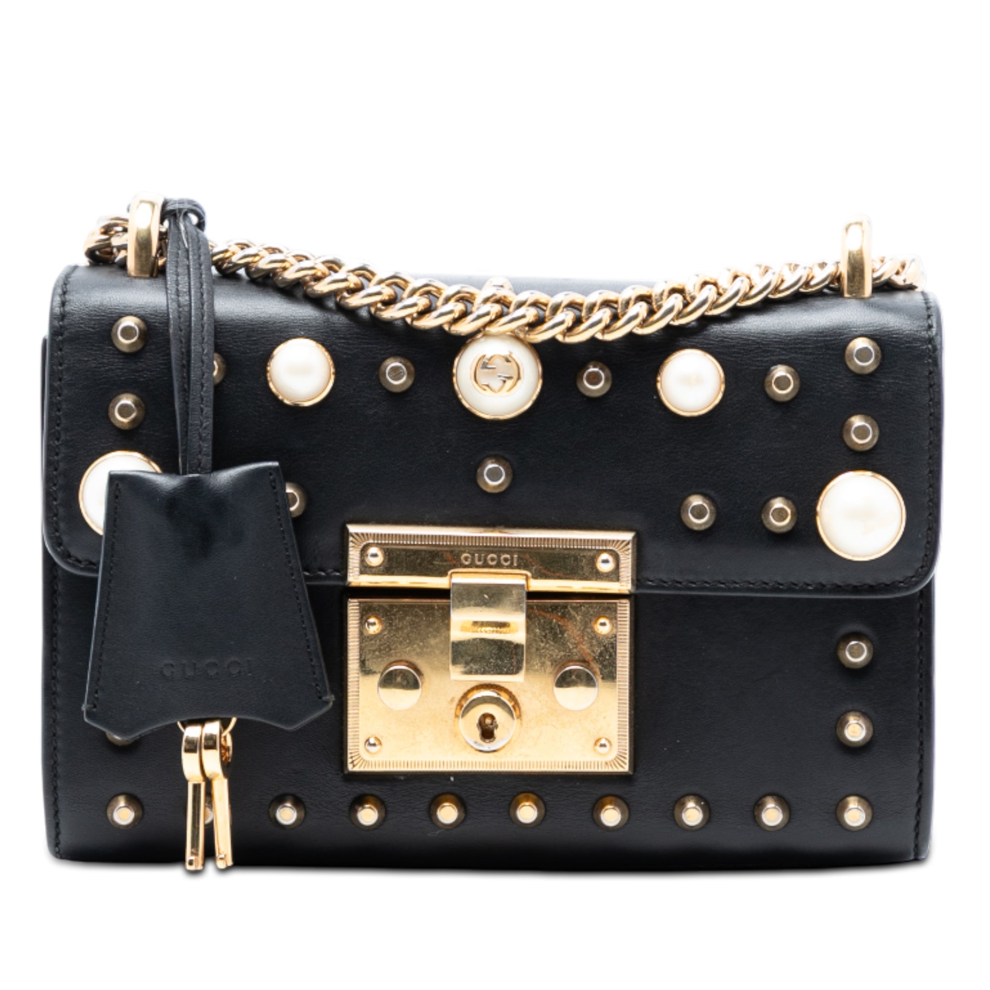 Small Pearl Studded Leather Padlock Crossbody