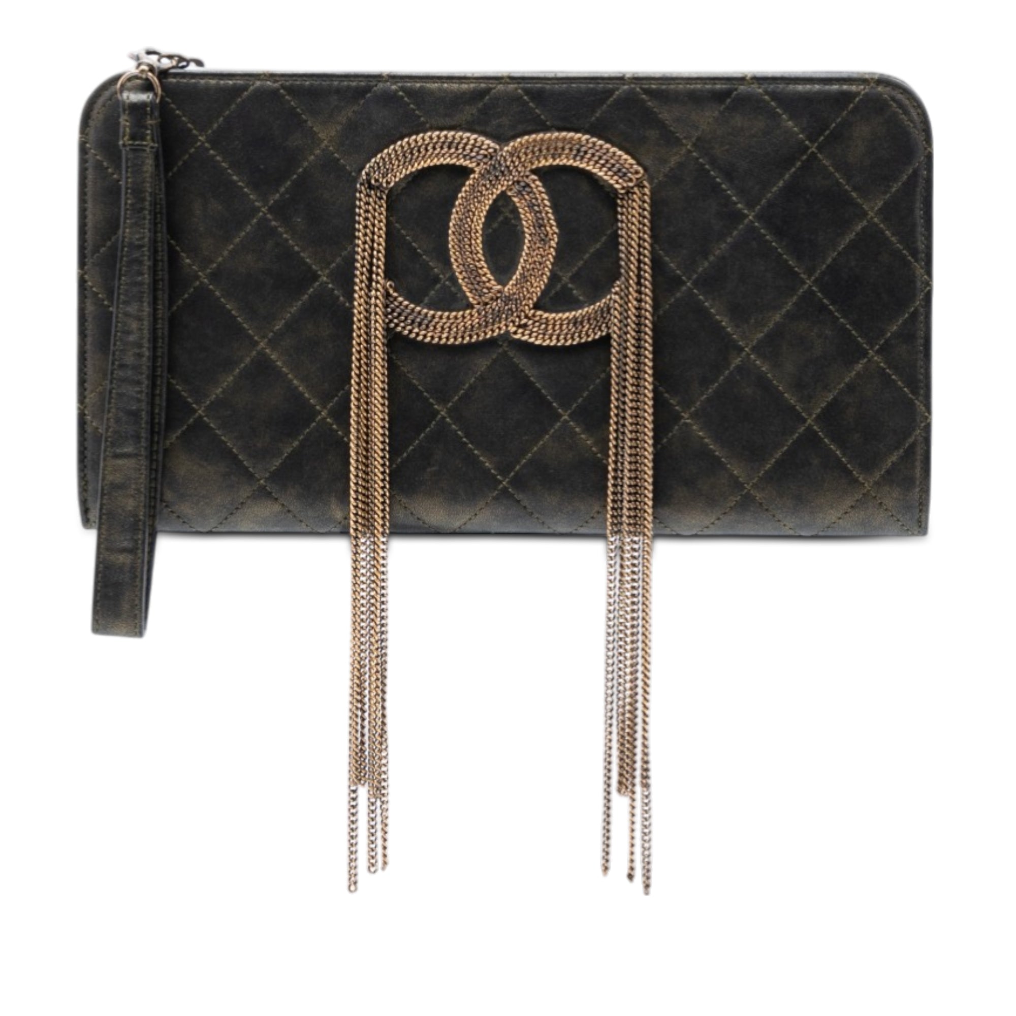Metallic Lambskin CC Chain Fringe Clutch