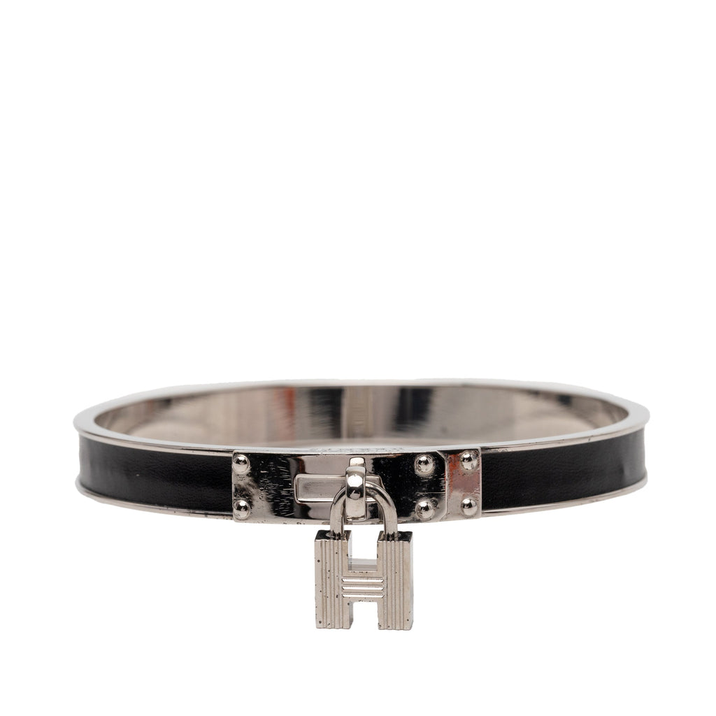 Palladium Plated Leather Kelly Cadena Lock Bangle Bracelet