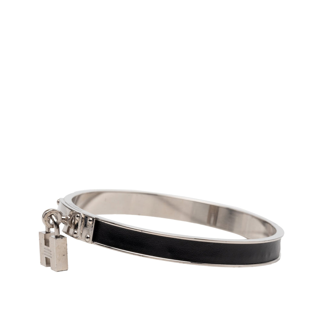 Palladium Plated Leather Kelly Cadena Lock Bangle Bracelet
