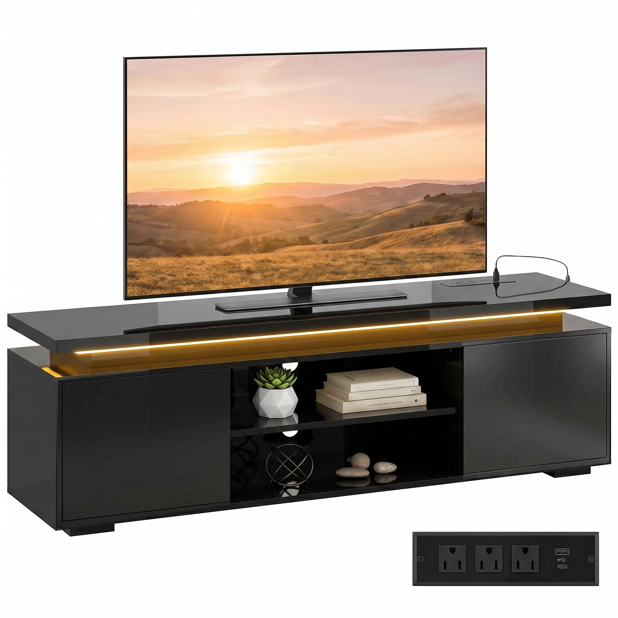 TV Stand for TVs up to 60" with LED Lights, Power Outlets, 2 Cabinets, Black