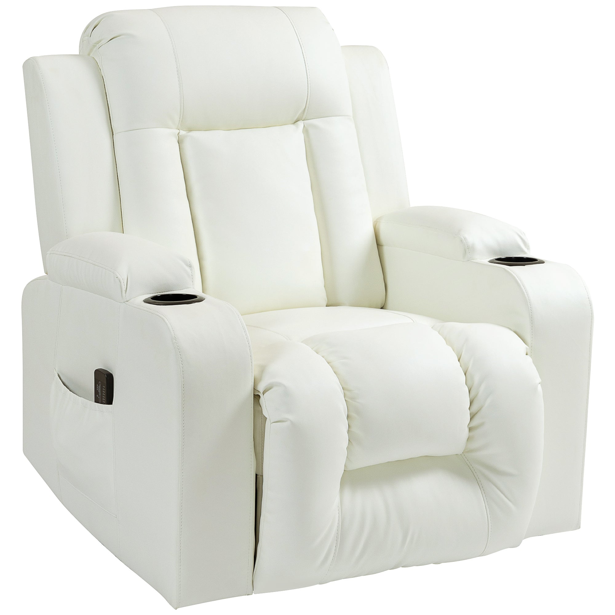 Overstuffed PU Leather Massage Swivel Recliner with Cup Holders Cream White