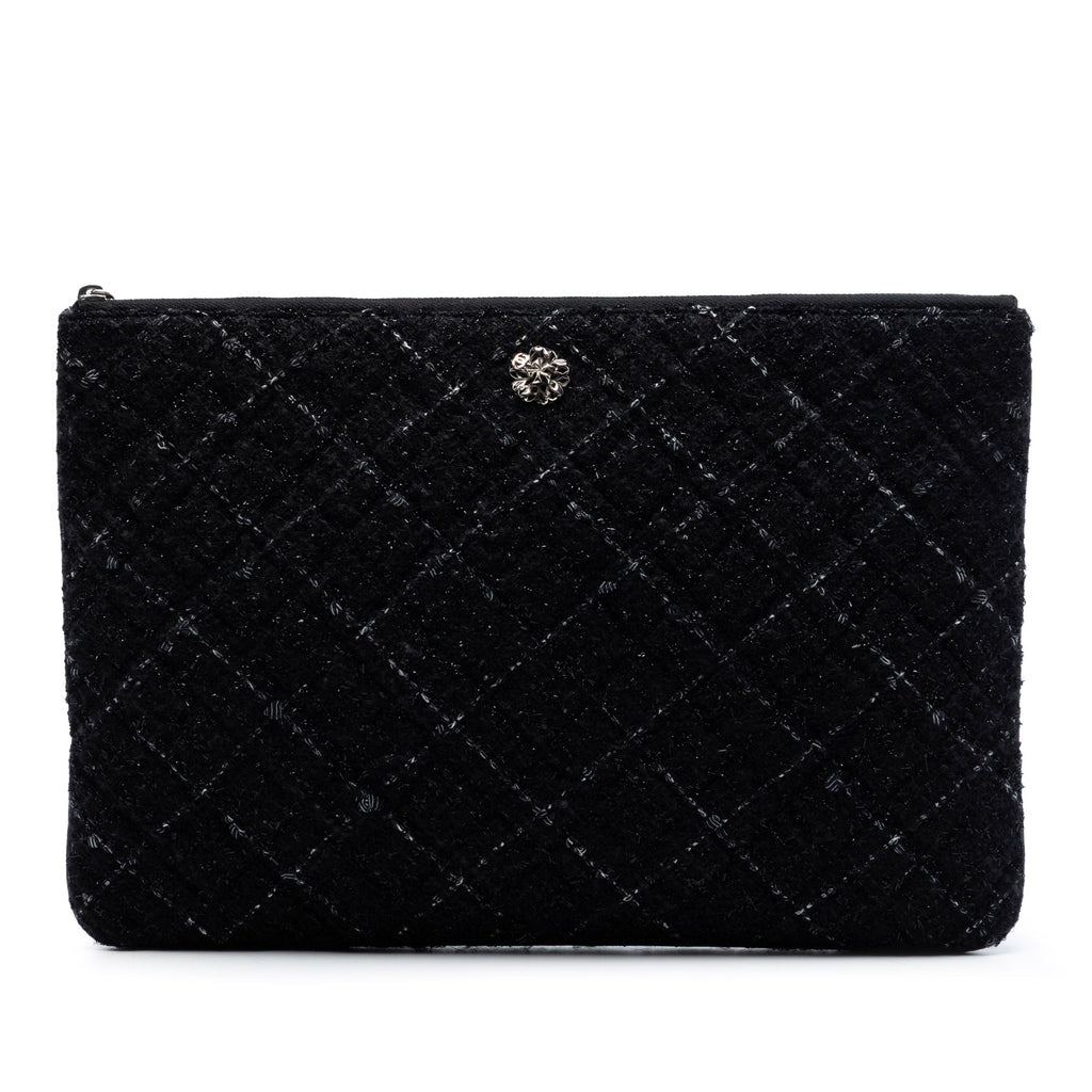 Large Quilted Tweed and Lambskin Camellia O Case Clutch