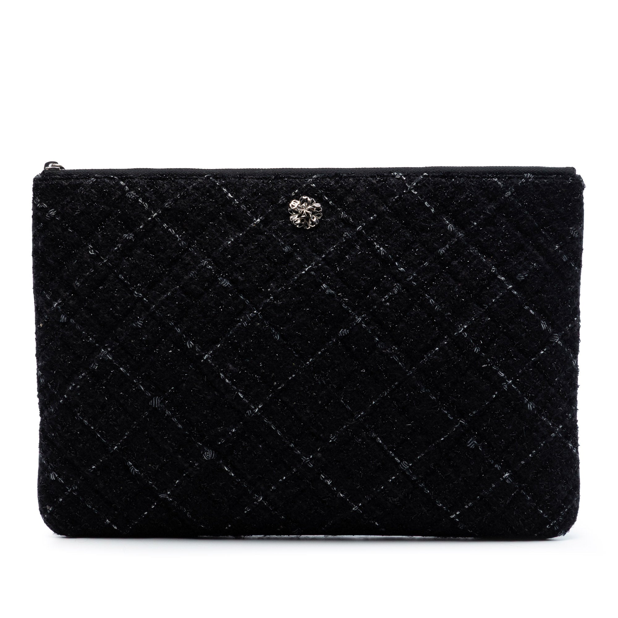 Large Quilted Tweed and Lambskin Camellia O Case Clutch