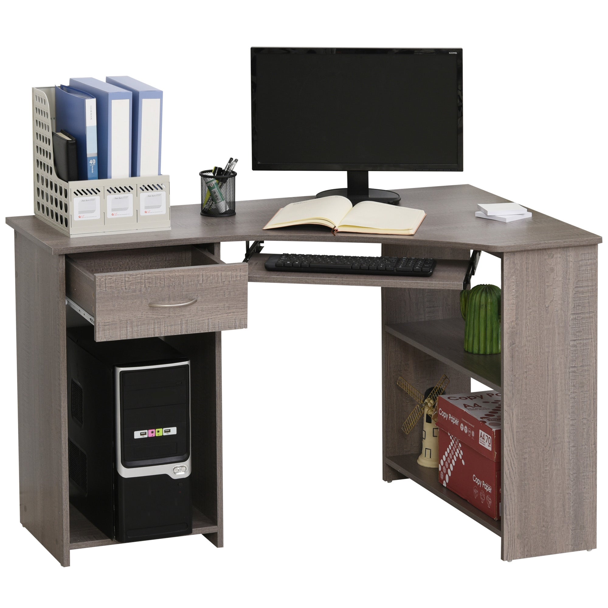 L-Shaped Corner Computer Desk w/ 2 Shelves, Wide Worktop, Keyboard Tray & CPU Stand, Grey
