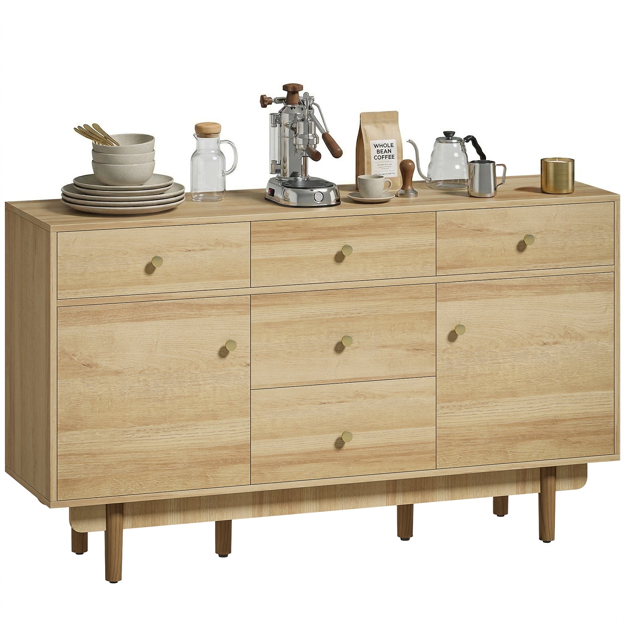 136 x 38 x 80 cm Sideboard Buffet with Adjustable Shelf, 5 Drawers & 2 Cabinets