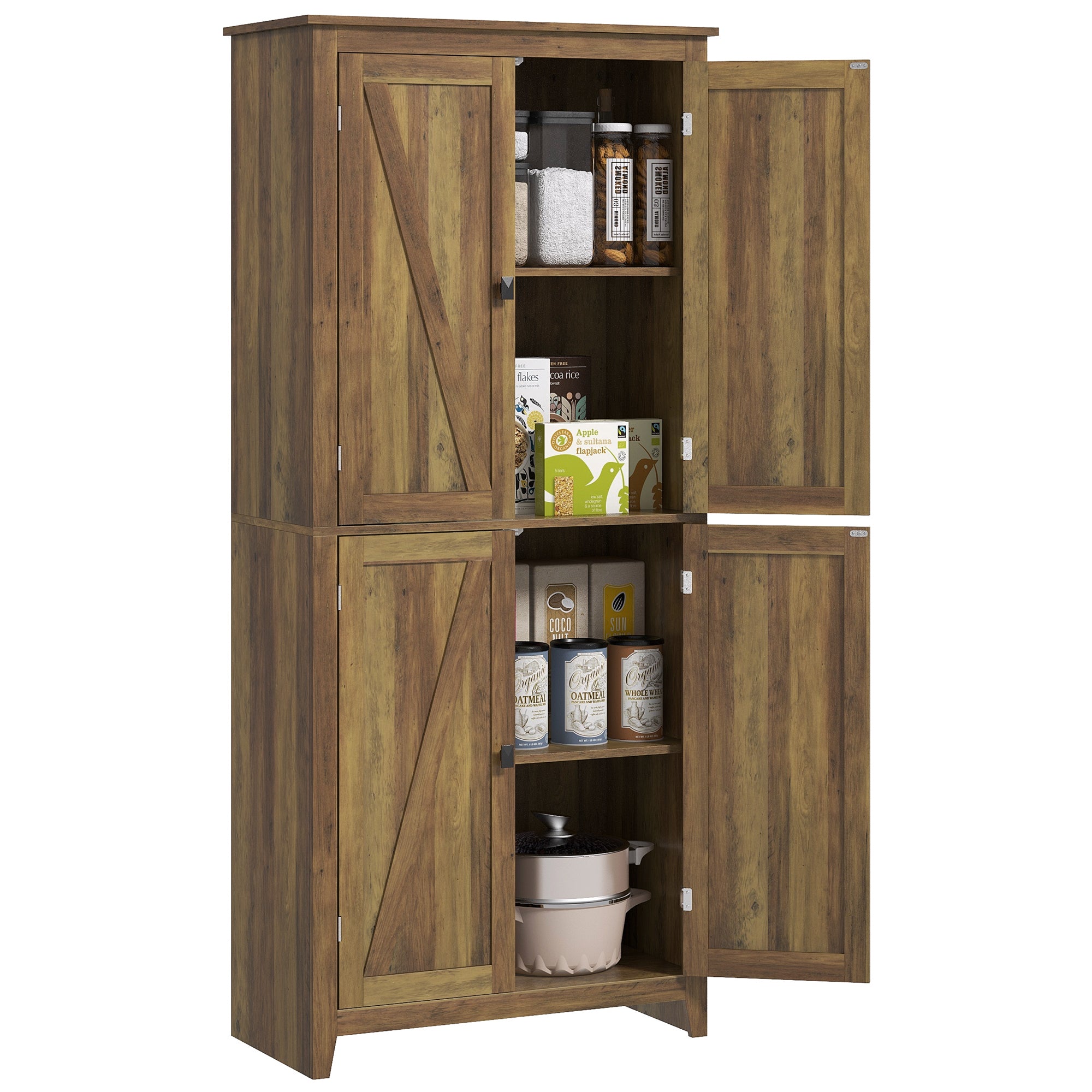 72" Farmhouse Pantry with 4 Barn Doors & Adjustable Shelves, Brown