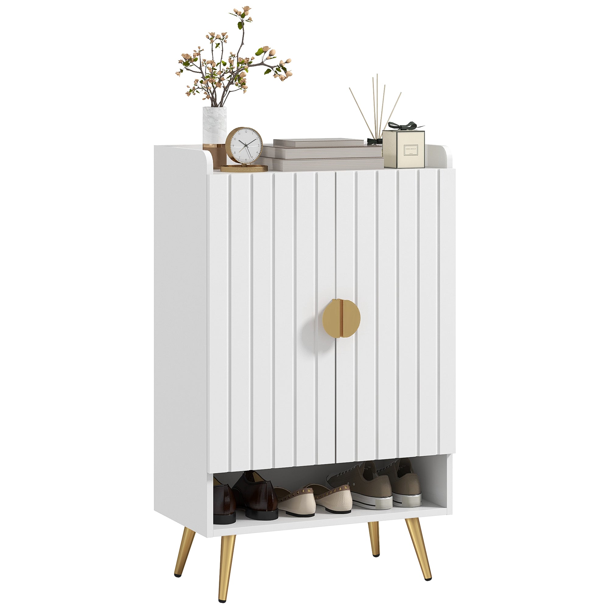 Narrow Shoe Cabinet with 2 Doors, Adjustable Shelves & Open Shelf for 15 Pairs, White