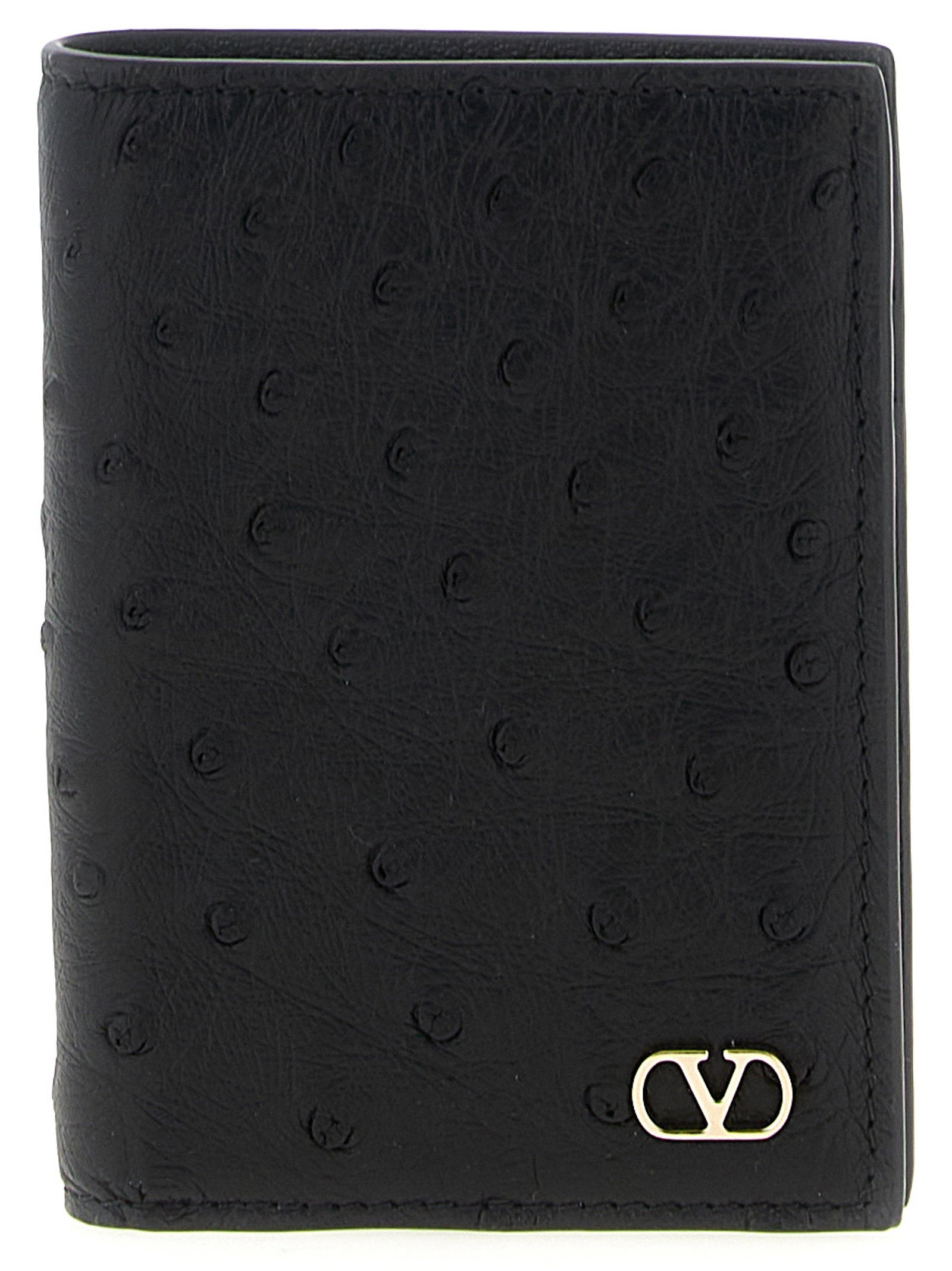 Valentino Garavani Ostrich Leather Vlogo Card Case — Black