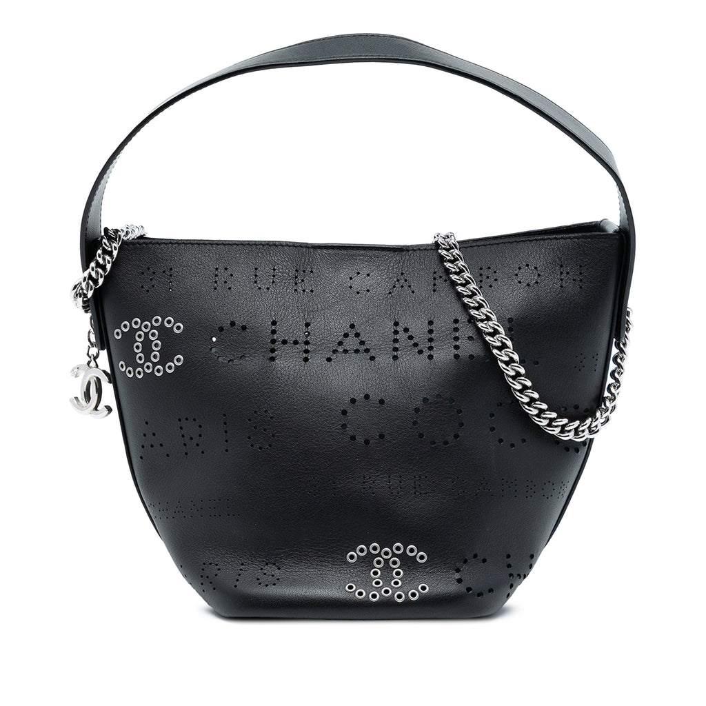 Small Perforated Calfskin Logo Eyelet Bucket Bag