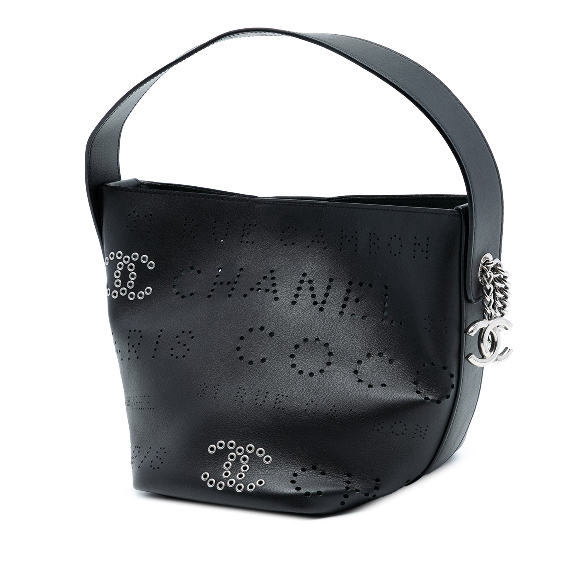 Small Perforated Calfskin Logo Eyelet Bucket Bag