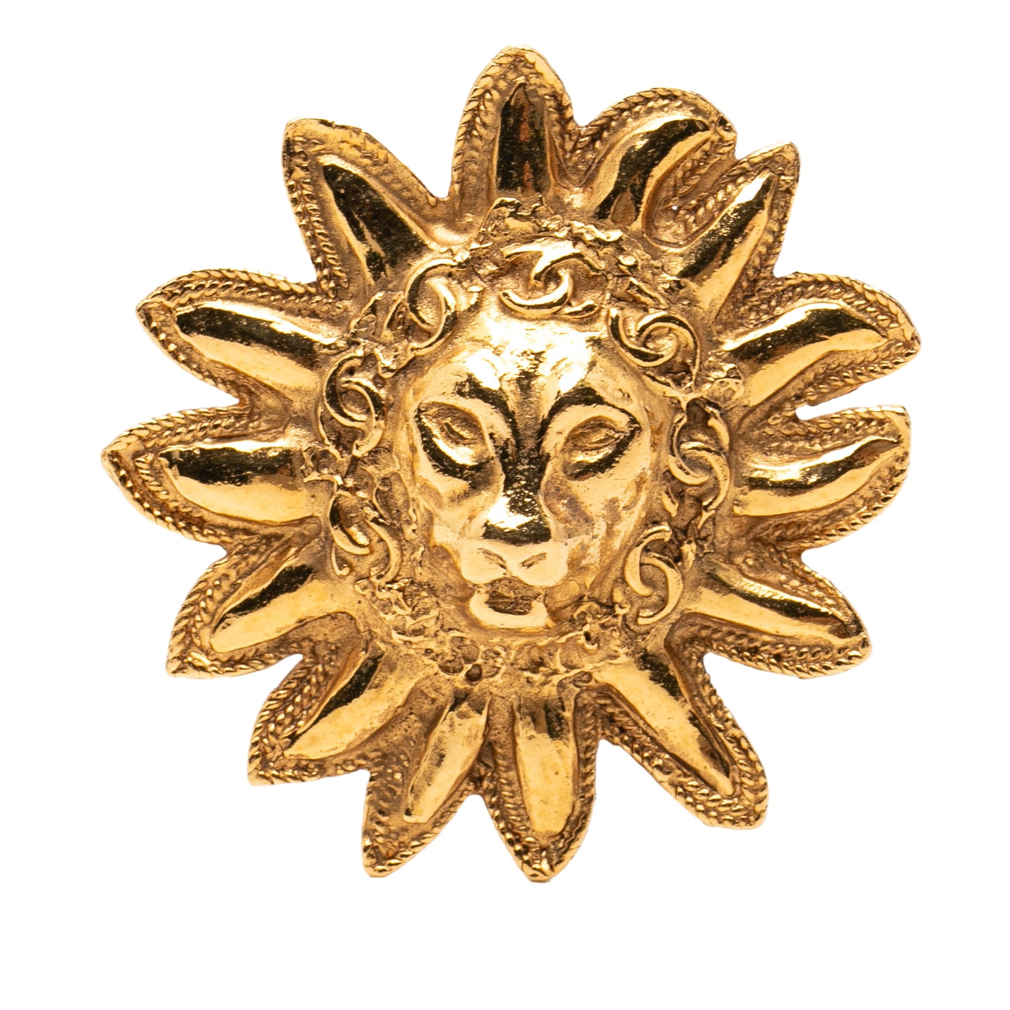 Gold Plated Lion Head Sun Brooch