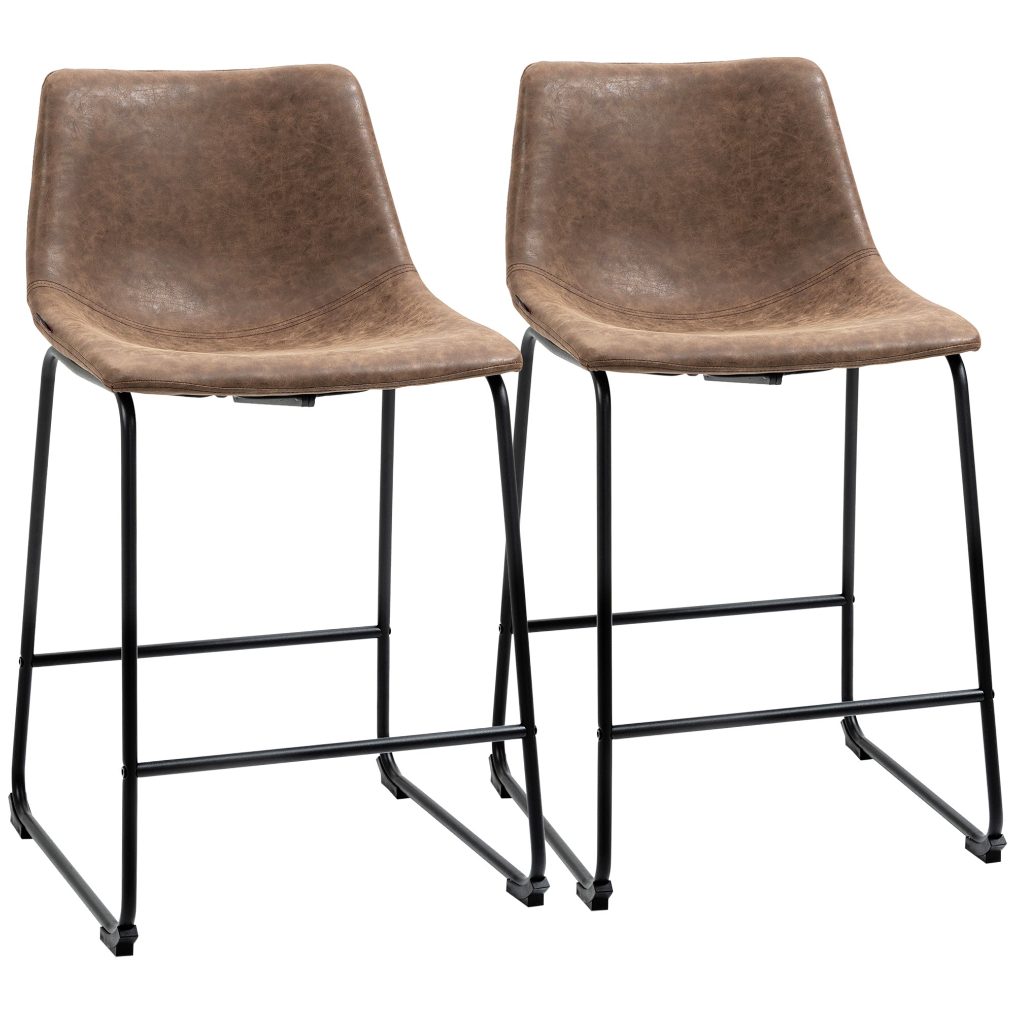 Set of 2 Vintage PU Leather Bar Stools with Footrest for Kitchen, Brown