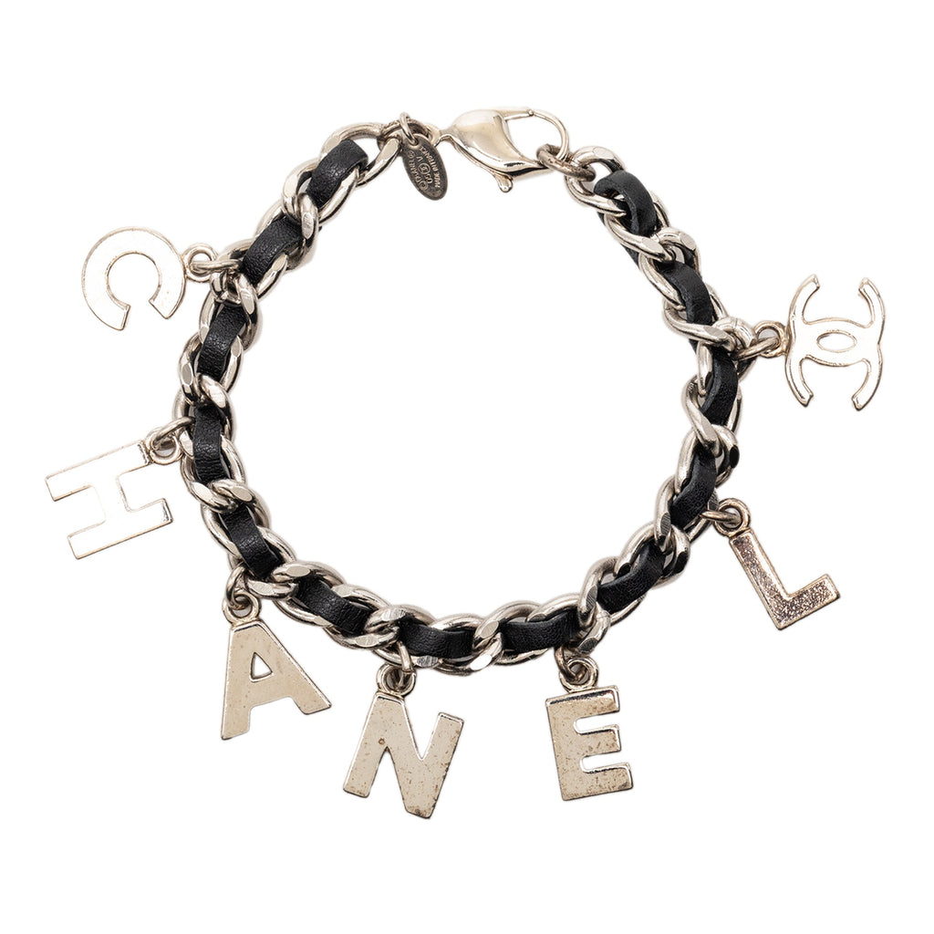 Silver Plated and Leather Woven Logo Charm Bracelet