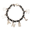 Silver Plated and Leather Woven Logo Charm Bracelet