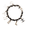 Silver Plated and Leather Woven Logo Charm Bracelet
