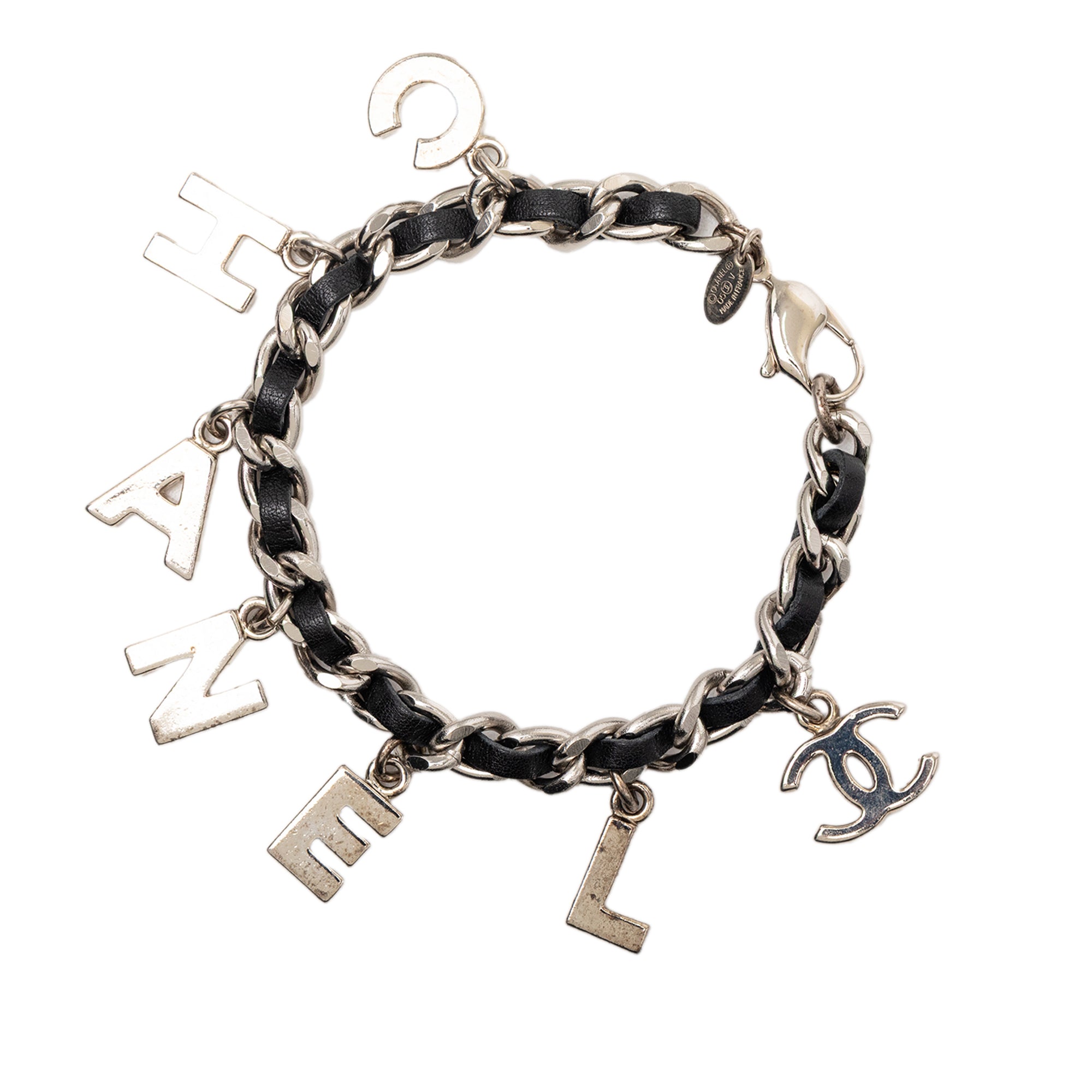 Silver Plated and Leather Woven Logo Charm Bracelet